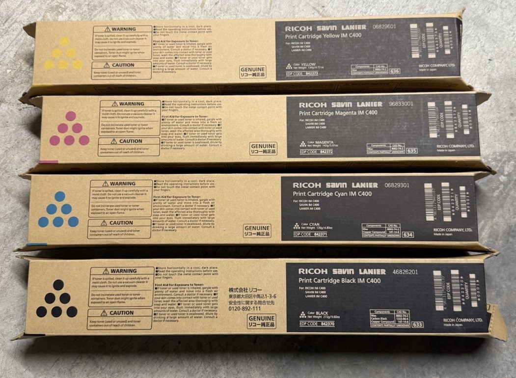 New  Genuine Ricoh Savin Lanier MP C406, Complete Set of 4 Toner Cartridges