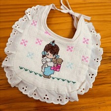 Vintage Handmade Precious Moments, Embroidered Cross Stitch Infant Bib Girl Dogs
