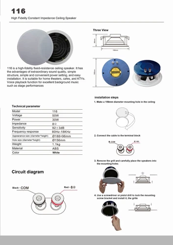 K-116 Bluetooth Wireless Ceiling Speaker Built-in Home Bathroom Audio Amplifier - Picture 13 of 14