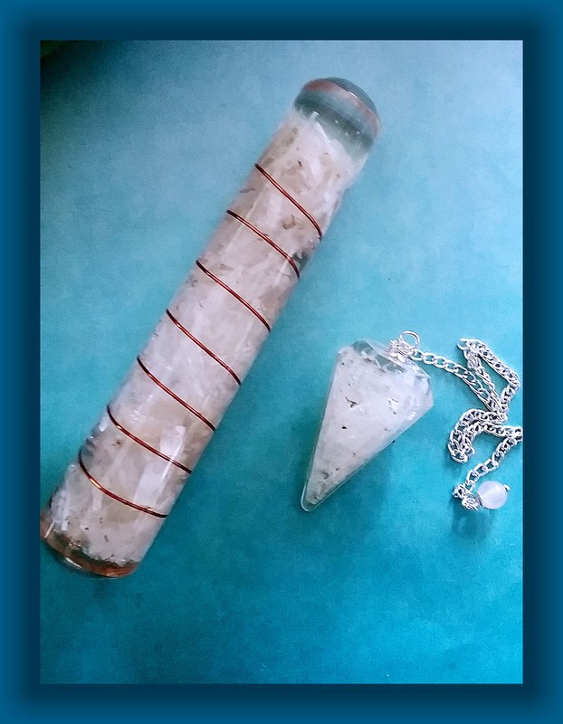 SELENITE WAND & DOWSING PENDULUM Set, Orgone SELENITE WAND With COPPER Coil