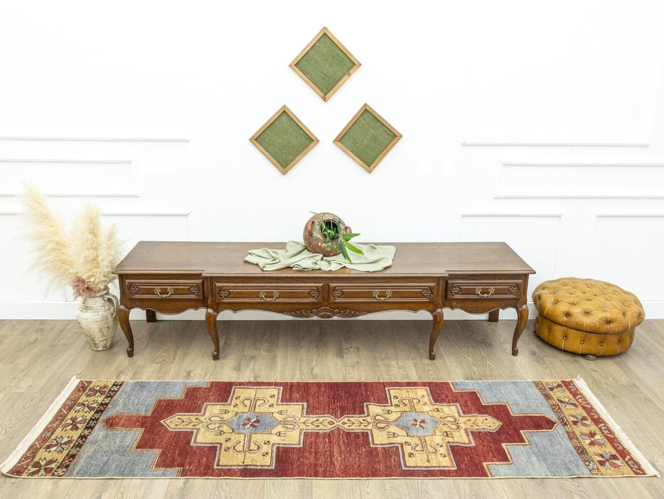 Handmade Turkish Oushak Runner 2.5x8.9 ft – Bold Red & Gold Vintage Style - Image 3 of 4