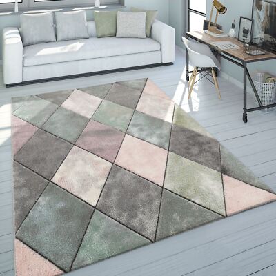Teppich Wohnzimmer Bunt Pastellfarben Rauten Muster 3-D Design Kurzflor Robust