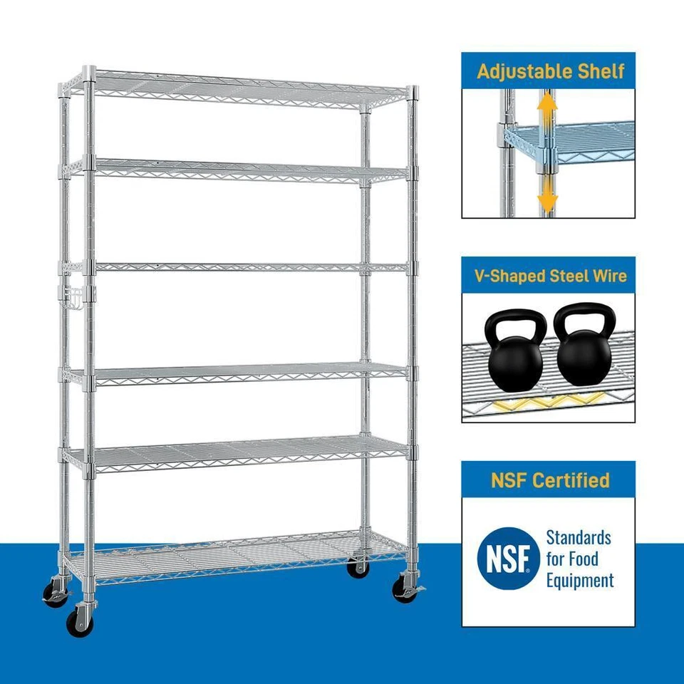Heavy Duty 6 Tier Metal Shelving Rack for Garage Pantry Kitchen with Wheels