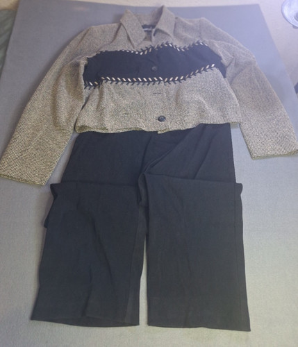 VTG Positive Attitude 2PC Beige Tweed Jacket Black Pants Pants Suit Size 12
