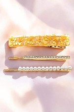 GLITTERED BARRETTE AND RHINESTONE PEARL PAVE GOLD BOBBY PINS SET