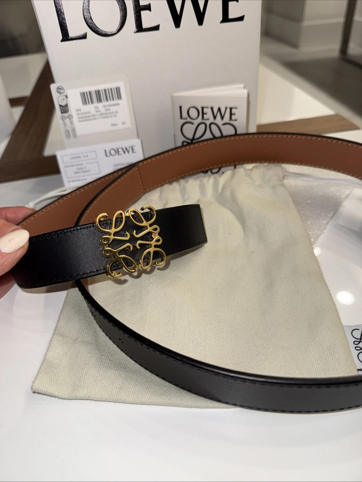 Loewe — LOEWE REVERSIBLE BELT LEATHER BLACK BROWN Gold Buckle Women’s 80/32 Box Tag Bag