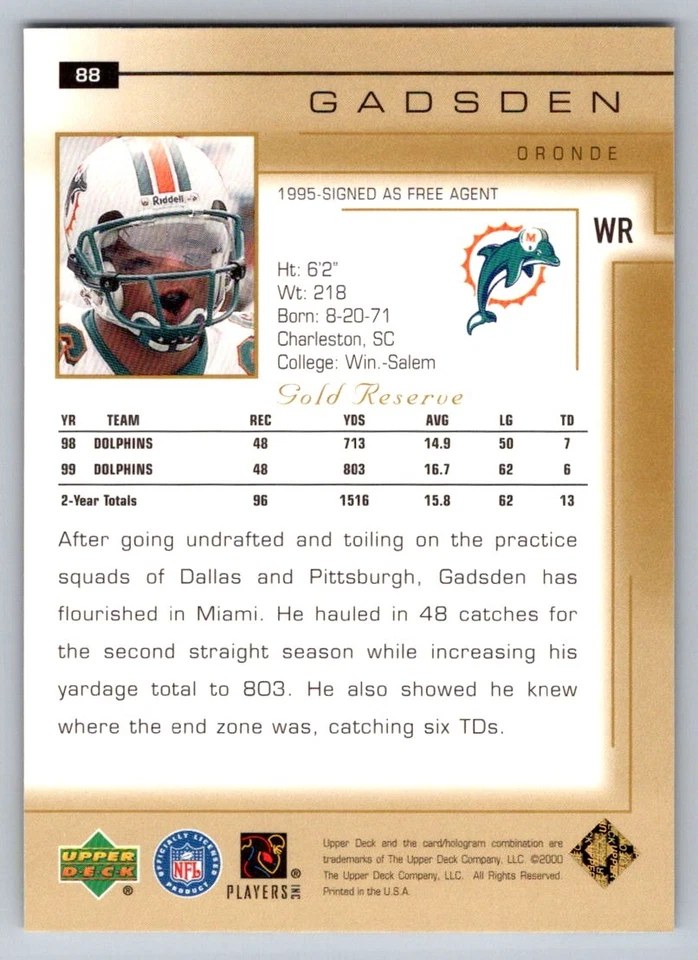 2000 Upper Deck Gold Reserve #88 Oronde Gadsden - Image 2 of 2