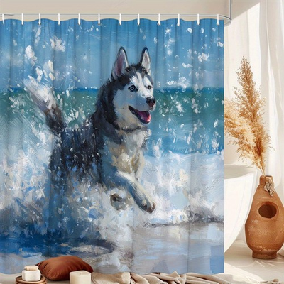 #ad 1pc Running Husky Shower Curtain Gray White Dog Sandy Beach Turquoise Waves Dy $27.59