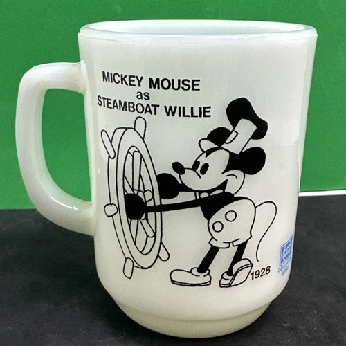 Vintage Disney Mickey Mouse Mug Anchor Hocking Milk Glass Steamboat Willie Pepsi