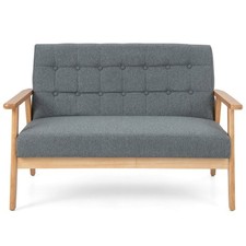 Image of COSTWAY Linen Loveseat Sofa 2-seat Cushioned Couch with Rubber Wood Frame-Grey