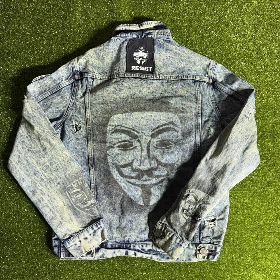 Custom 1 of 1 Anonymous Guy Fawkes Acid Wash Distressed Denim Jacket Blue Punk