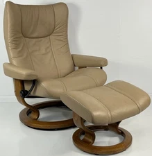 Ekornes Stressless Large "WING" Sand Leather Swivel Recliner Chair & Ottoman