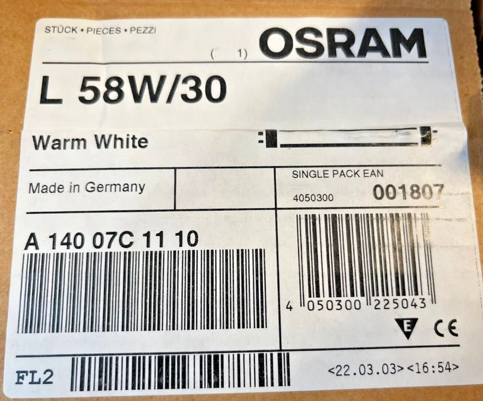 1X OSRAM Lampe Fluorescente T8 58W/30 Blanc Chaud Tube Néon Made - Photo 1/1