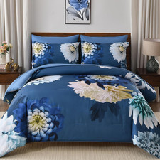 Comforter Set Queen Size, 7 Piece Grey Blue Floral Comforter Set with Sheets Ele