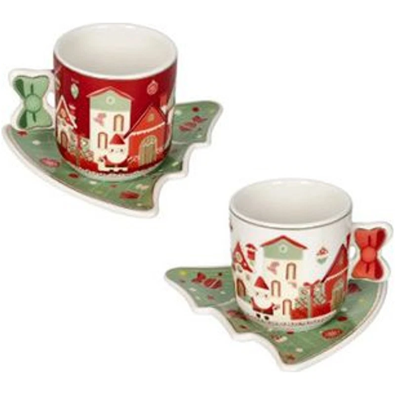 Set 2 Tazzine Caffè Natale con Piattino Albero BRANDANI Villaggio in Festa