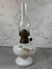Vtg Milk Glass Oil Lamp w/Hand Painted Flowers  Marked Sterling on Knob 9 1/2"