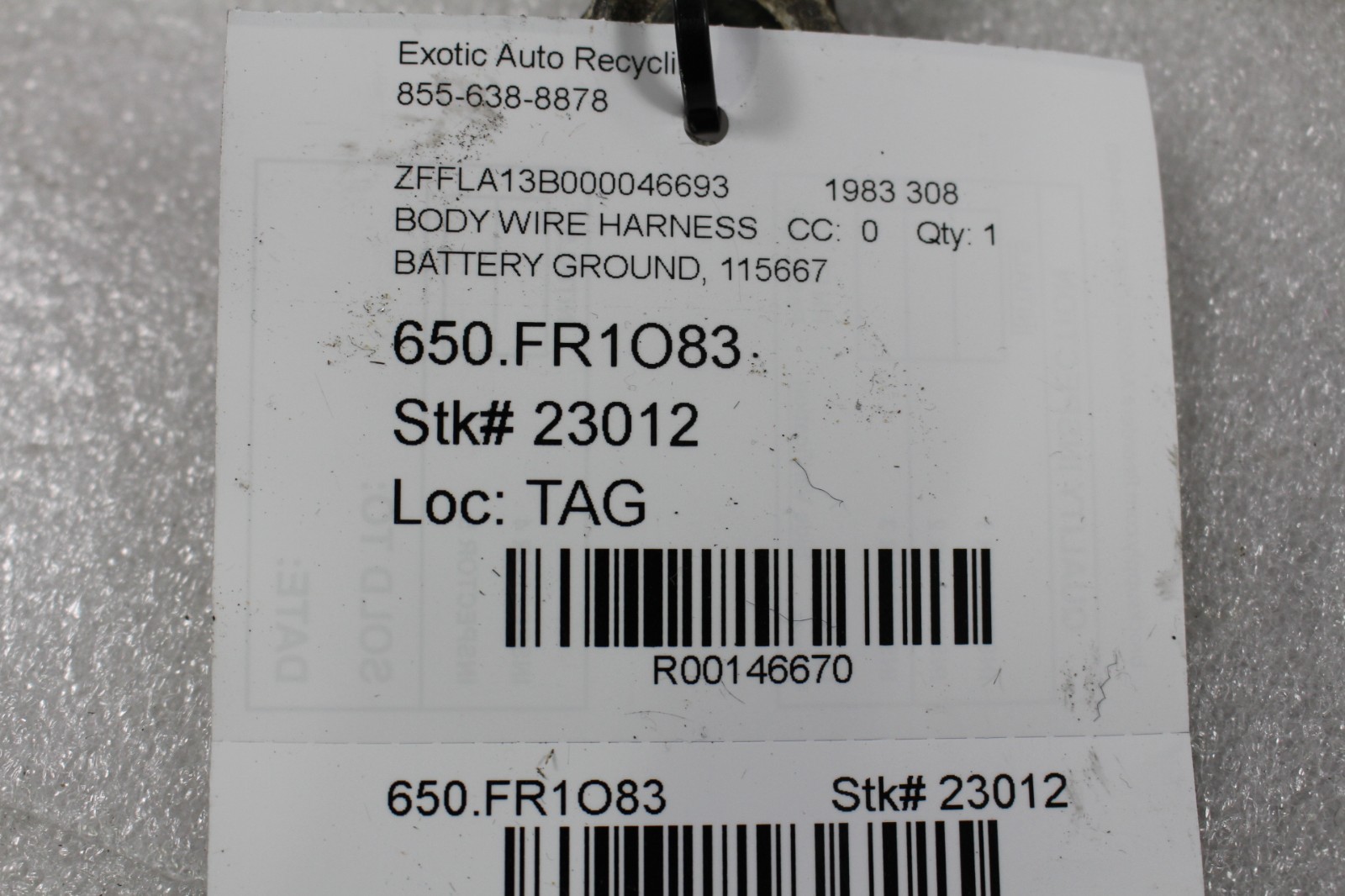 Ferrari 308, Battery Ground Cable Wire Harness, Used, P/N 115667
