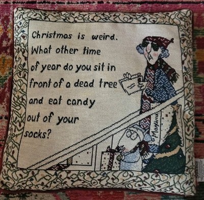 Vintage Hallmark Maxine Faux Tapestry throw pillow 16x16 Christmas Shoebox humor