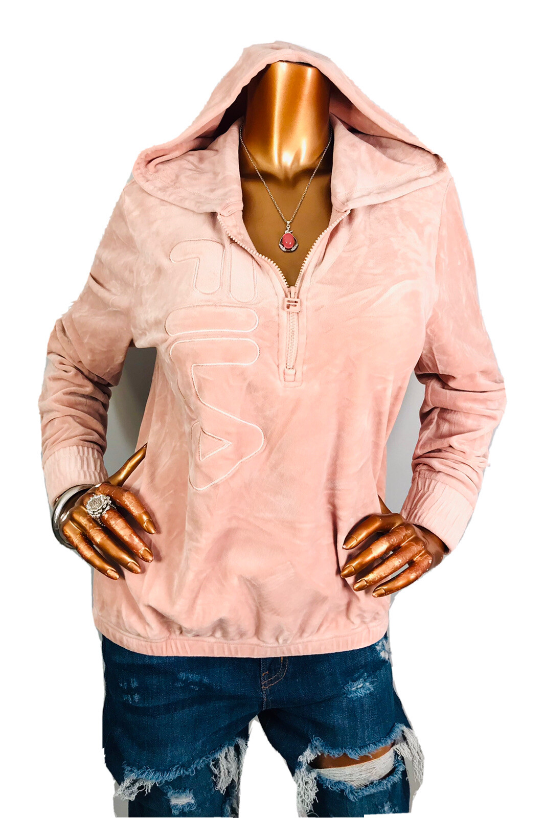 Felpa Fila M Top Elasticizzata Velluto Morbida Felpa Lunga Slv Calda Blush Testo Logo