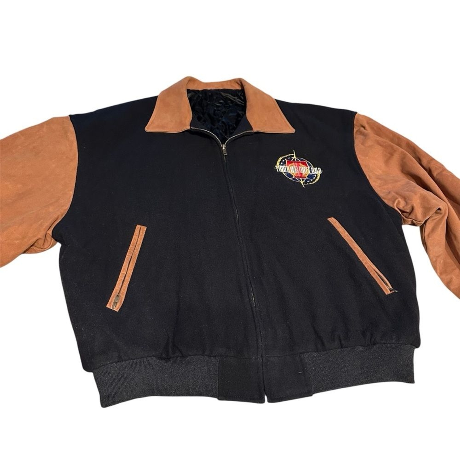 Vintage Tomorrow Land Black Bomber Varsity Jacket Brown Black Leather Wool XXL image 3