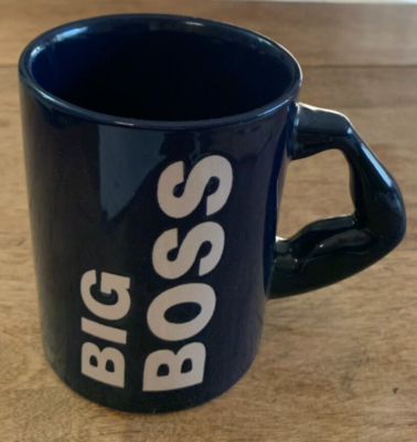 Coffee Mug Cup Big Boss Muscle Man Arm Handle Impressed Blue