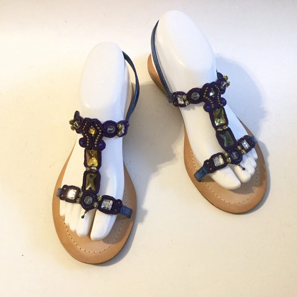 Sandalia Apepazza 7,5 M Cuero Cordones Joya Cuentas Sandalia Plana Punta abierta Foto 4 de 4