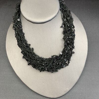 Black  Sequins Boho bohemian beaded Woven String Multi Strand Necklace 18 