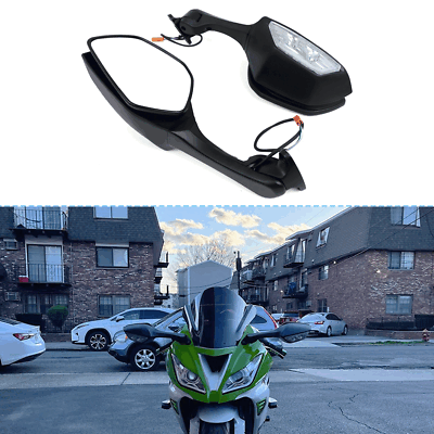 縦鏡 Black Rear view Mirrors w/ LED Turn Signal For Kawasaki Ninja