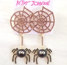 3" NEW BETSEY JOHNSON RHINESTONE SPIDER & WEB DROP DANGLE HALLOWEEN EARRINGS