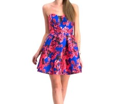 B. Darlin Red & Blue Floral Illusion Printed Strapless Skater Dress Size 1/2
