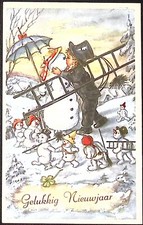 1930 DUTCH New Year Postcard Boy Chimney Sweep Kisses Snowwoman Tiny Snowmen