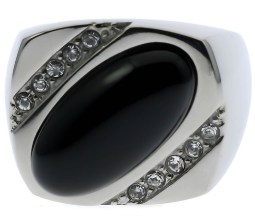 Black Oval Onyx Cz Accented Stainless Steel Mens Ring Size 8 T48 - Picture 4 of 6