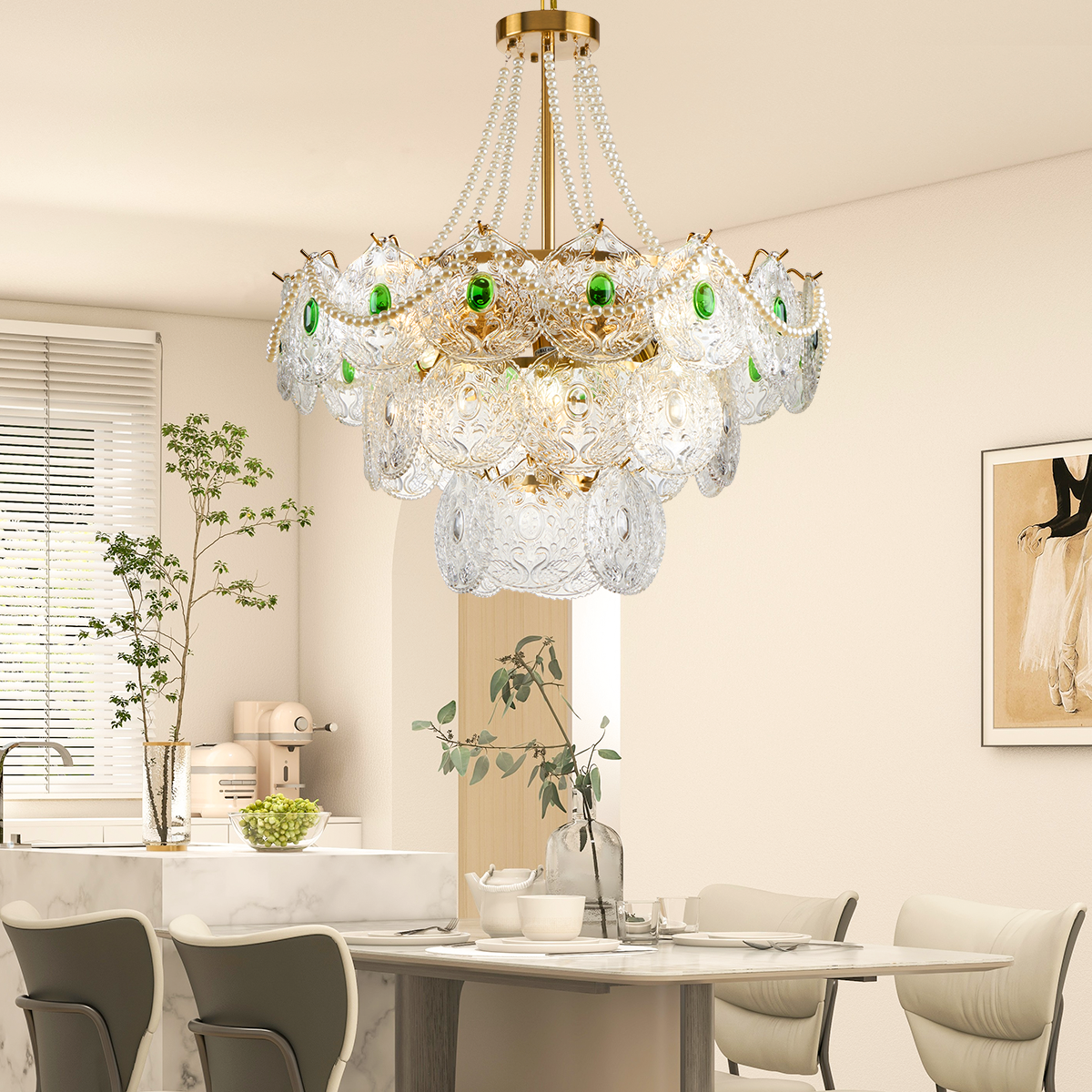 Crystal Chandelier Peacock Texture Glass Pendant Light Hanging Ceiling Fixture