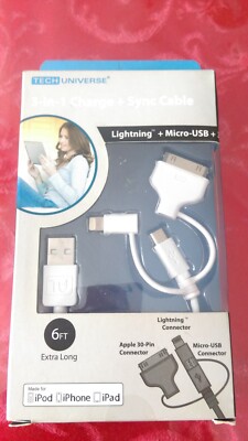 Tech Universe 3 in 1 Charge + Sync Cable Micro-USB Lightning iPhone iPad iPod