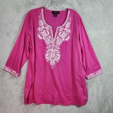 Karen Kane Embroidered Tunic Womens 0X Pink Cotton Boho Chic Casual Office Plus