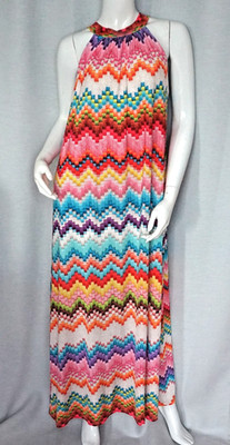 Neckholder Maxikleid Koffer Kleid Zickzack Pixel Multicolor Print36,38,40,42 Neu