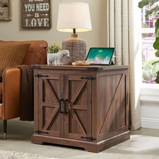Farmhouse End Table with Charging Station,24" Large Sofa Side Table,Walnut
