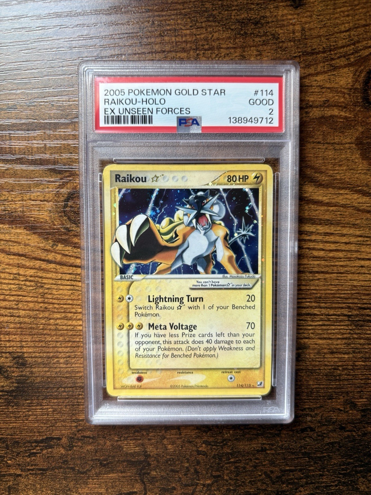 2005 POKEMON EX UNSEEN FORCES GOLD STAR #114 RAIKOU-HOLO PSA 2