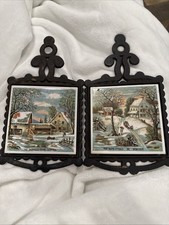 2-Vintage Currier and Ives Homestead Winter & Farmers Home CastIron Trivet JAPAN