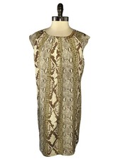 MICHAEL KORS Size 12 Shift Dress Brown Ivory Animal Print Gold Chain Cap Sleeve