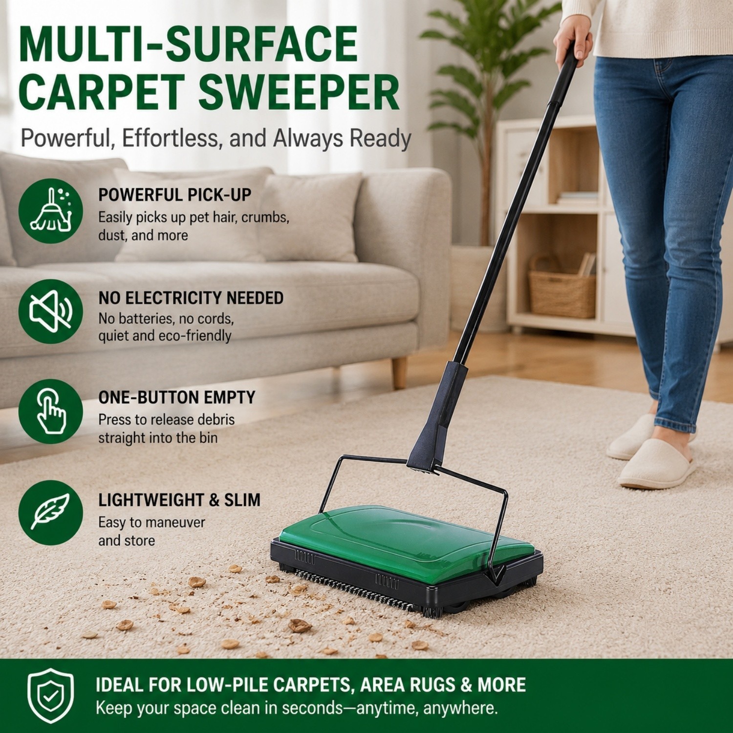 Yocada MANUAL CARPET SWEEPER CORDLESS RUG CLEANER DUSTER BROOM w/Brush-Green