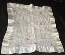 Lulujo Baby Lovey Satin Edge Pink Owl White Muslin Fabric Security Blanket Toy