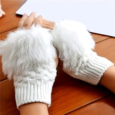 Plush Warm Ribbed Knitted Fingerless Gloves - White