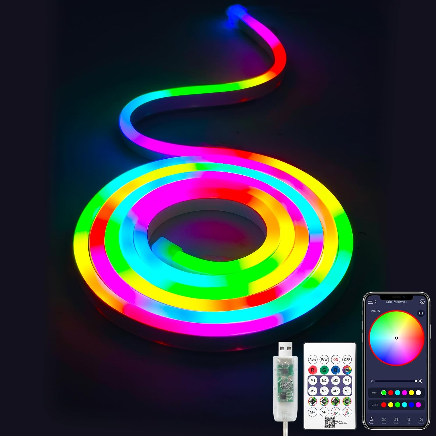 Ruban LED néon RGBIC 2 mètres connecté avec application smartphone et télécommande IR