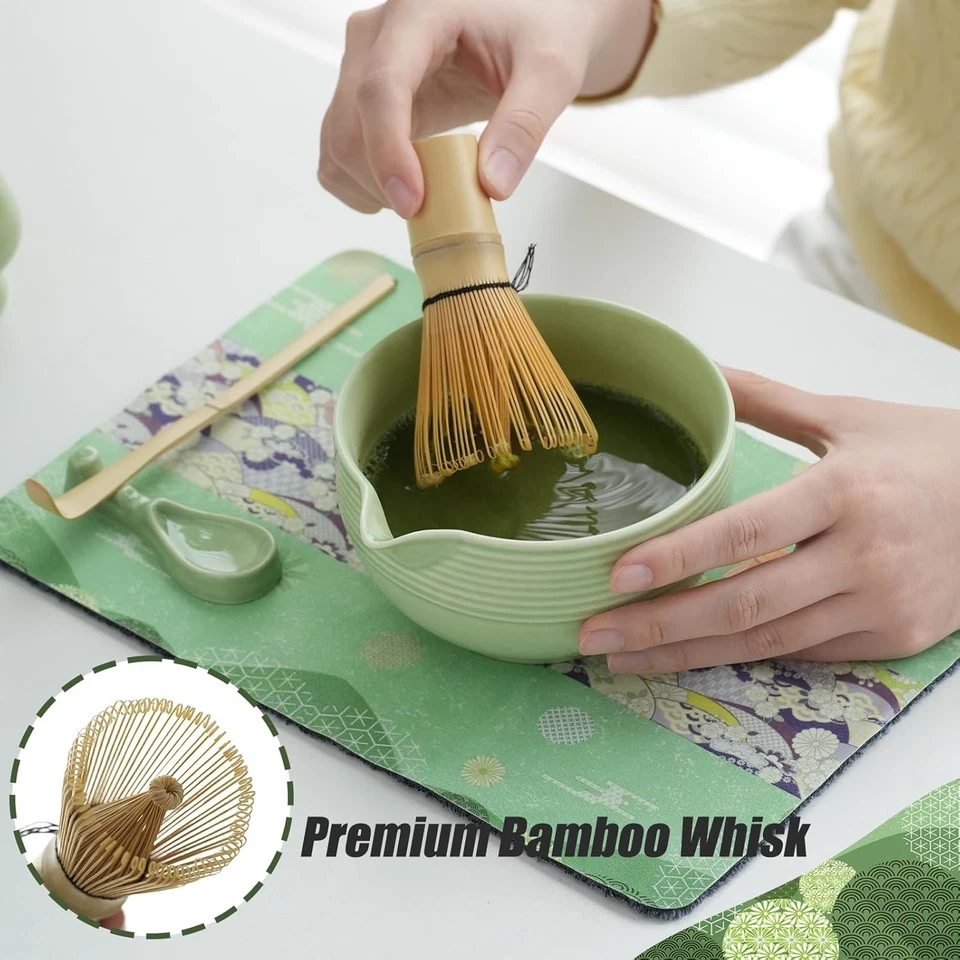 Matcha Whisk Set 8pcs Ceramic Bowl w/ Spout Tea Kit Gift, Green - Image 4 of 4