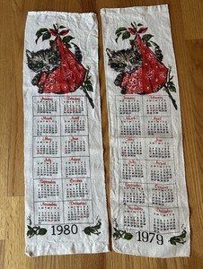 Vintage 1979/80 Linen Kitchen Tea Towels - Calendar Design - Kitten Themed - 2