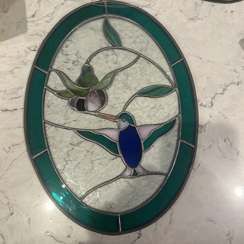 Vintage Oval Hummingbird Stained Glass Sun Catcher Tiffany Style