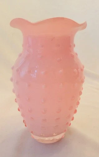Vintage 7 Inch Tall Fenton Pink Cased White Glass Hobnail Ruffled Petal Top Vase