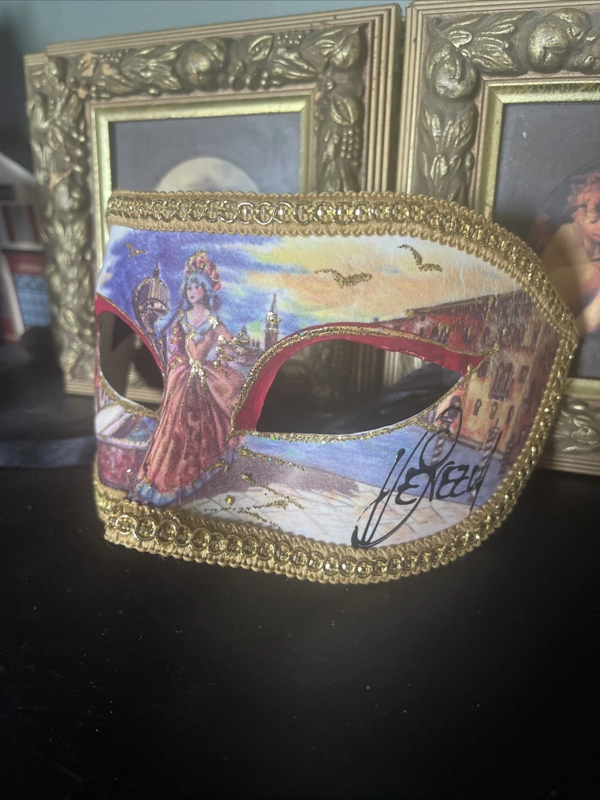 Vintage Hand Painted Venetian Masquerade Face Mask, Bridgerton, Ribbon Ties