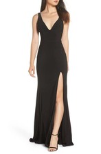 NWT 8-IEENA MAC DUGGAL Black Plunging V-Neck Slit Jersey Maxi Gown (MSRP $298)